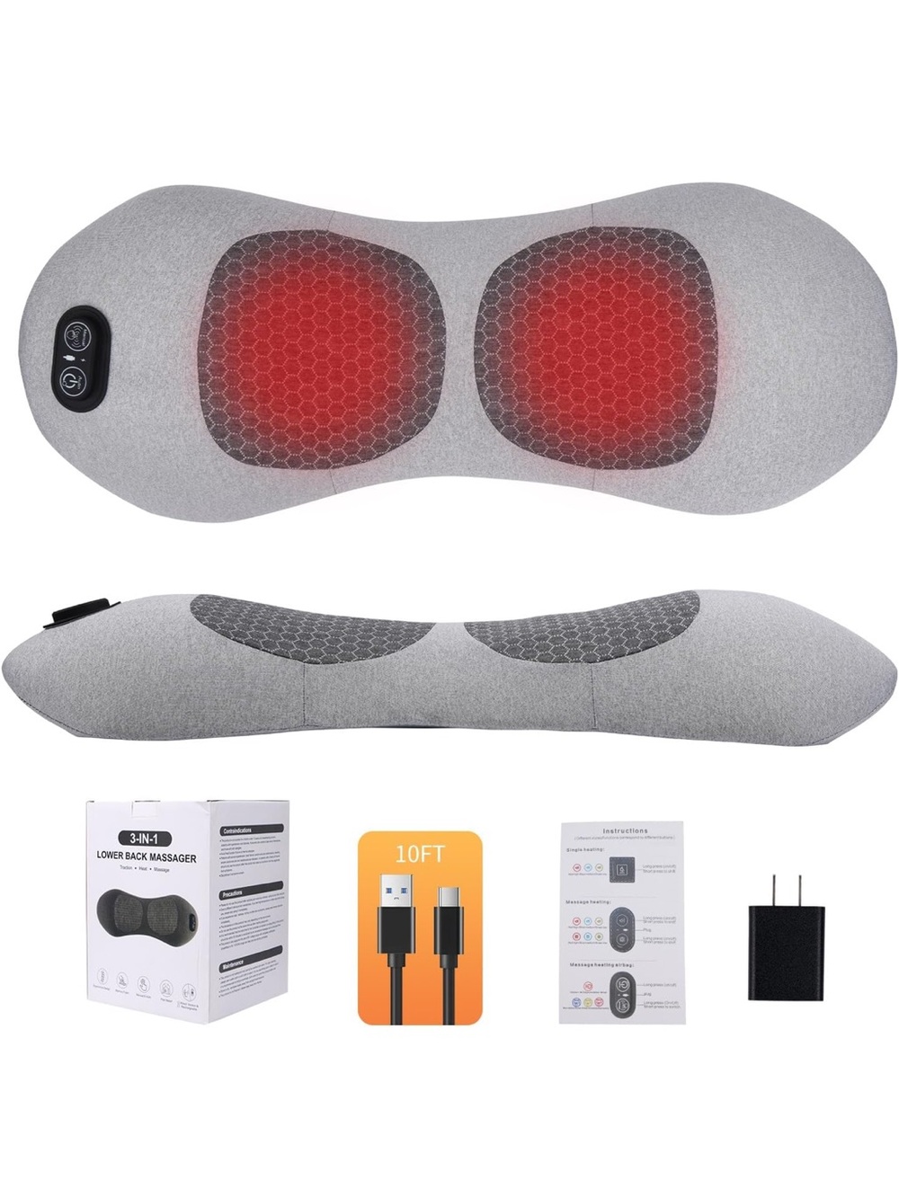 USB electric lumbar support pillow with charger adapter